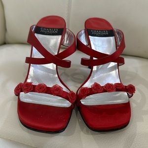 Vintage Red Charles Jourdan Paris Strappy Satin
Sandals Heels Size 7.5 Roses